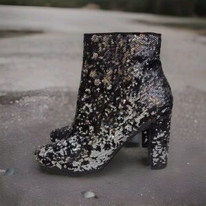 Liliana Black + Silver Sequin Heels Zipper Bootie Boots Women’s Sz 10